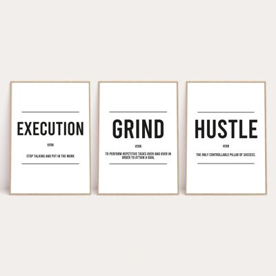 Grind Hustle Execution Inspirational Quote Print Set Of 3 A4 Normal