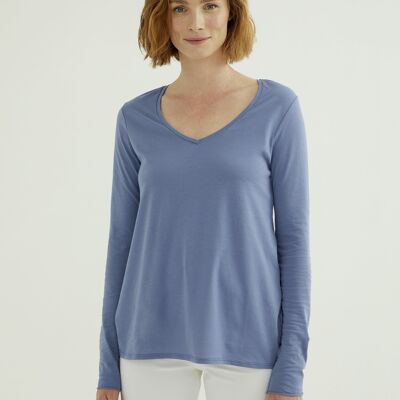 Camiseta Esterella con cuello en V - Single Jersey - Country Blue