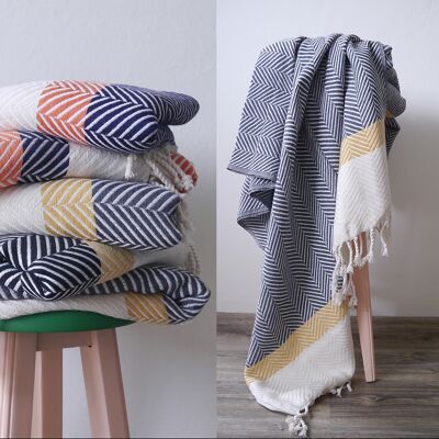 Nordic Handwoven Soft Cotton Throw- Grey with yellow stripe