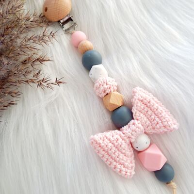 Pacifier cord bow Babypink/grey