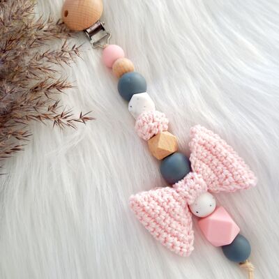 Attache tétine noeud Babypink/gris