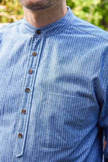 Chemise Grand-père Vintage Coton Blanc Pin Stripe sur Bleu VR25 5