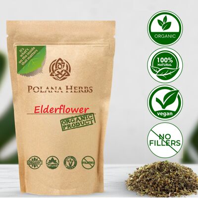 Té de hierbas Organic Bio Elderflower - Sambucus nigra - Defensa inmunológica, antigripal y resfriado, antioxidantes, nutritivo - Paquete de 100 g - 50 tazas