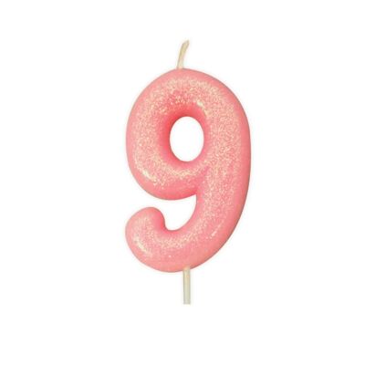 Age 9 Glitter Numeral Moulded Pick Candle Pink