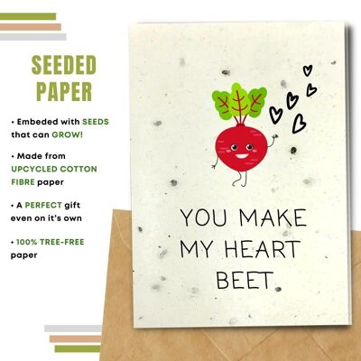 Handmade Eco Friendly Love Cards | Valentine's Day Cards | Made With Plantable Seed Paper, Banana Paper, Elephant Poo Paper, Coffee Paper, Cotton Paper, Lemongrass Paper and more | Pack of 8 Greeting Cards | You Make My Heart Beet