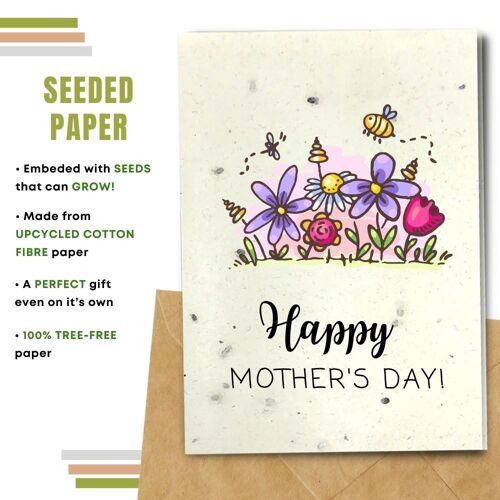 Handmade Eco Friendly Mother's Day Cards | Sustainable Mother Day Cards | Made With Plantable Seed Paper, Banana Paper, Elephant Poo Paper, Coffee Paper, Cotton Paper, Lemongrass Paper and more | Pack of 8 Greeting Cards | Flowers & Bees