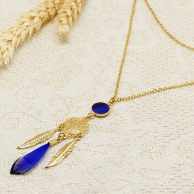Golden blue dream catcher necklace with feather pendants