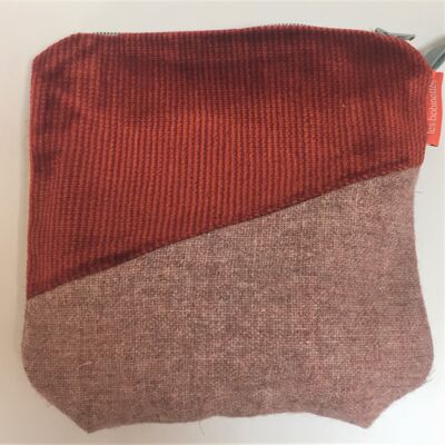 Trousse / pochette 100% recyclée en velours côtelé rouge et tweed rose - Vintage