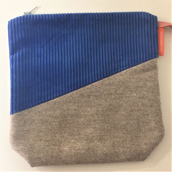 Trousse / pochette 100% recyclée en velours côtelé bleu et tweed gris 1