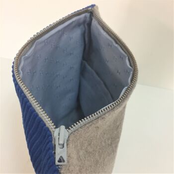 Trousse / pochette 100% recyclée en velours côtelé bleu et tweed gris 4