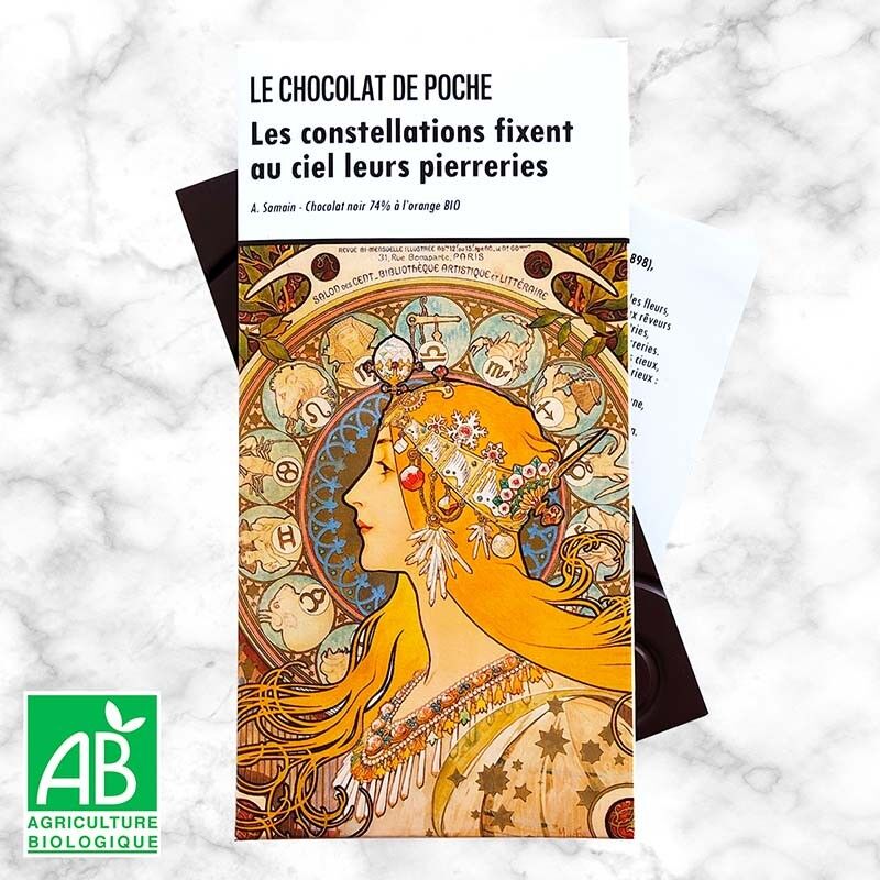 Tavoletta di cioccolato fondente 74% arancia biologica - Le costellazioni fissano al cielo le loro pietre preziose