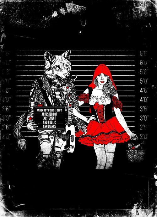Postkarte Rotkäppchen und der Wolf schwarz