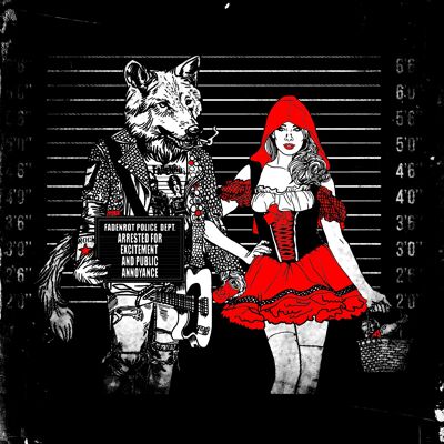Postcard Little Red Riding Hood and the black wolf