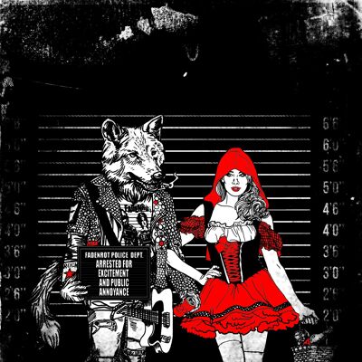 Postkarte Rotkäppchen und der Wolf schwarz