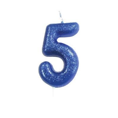 Età 5 Candela con plettro modellata con numeri glitterati blu