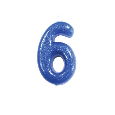 Vela con púa moldeada con números brillantes de 6 años, azul