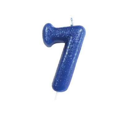 Età 7 Candela con plettro modellata con numeri glitterati blu