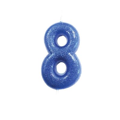 Vela con púa moldeada con números brillantes de 8 años, azul