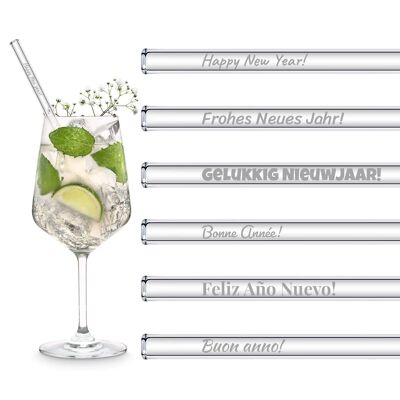 New Year's Eve edition 6x 20cm glass straws with engraved sayings