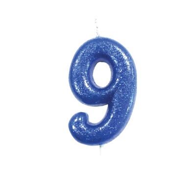 Vela de palillo moldeado con números brillantes de 9 años, azul