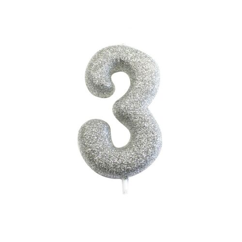 Age 3 Glitter Numeral Moulded Pick Candle Silver