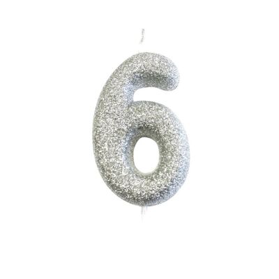 Età 6 Candela con plettro modellato con numeri glitterati argento