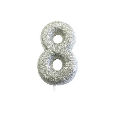 Age 8 Glitter Numeral Moulded Pick Candle Silver