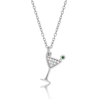 Sterling Silver Cocktail Glass Pendant Necklace with Cubic Zirconia