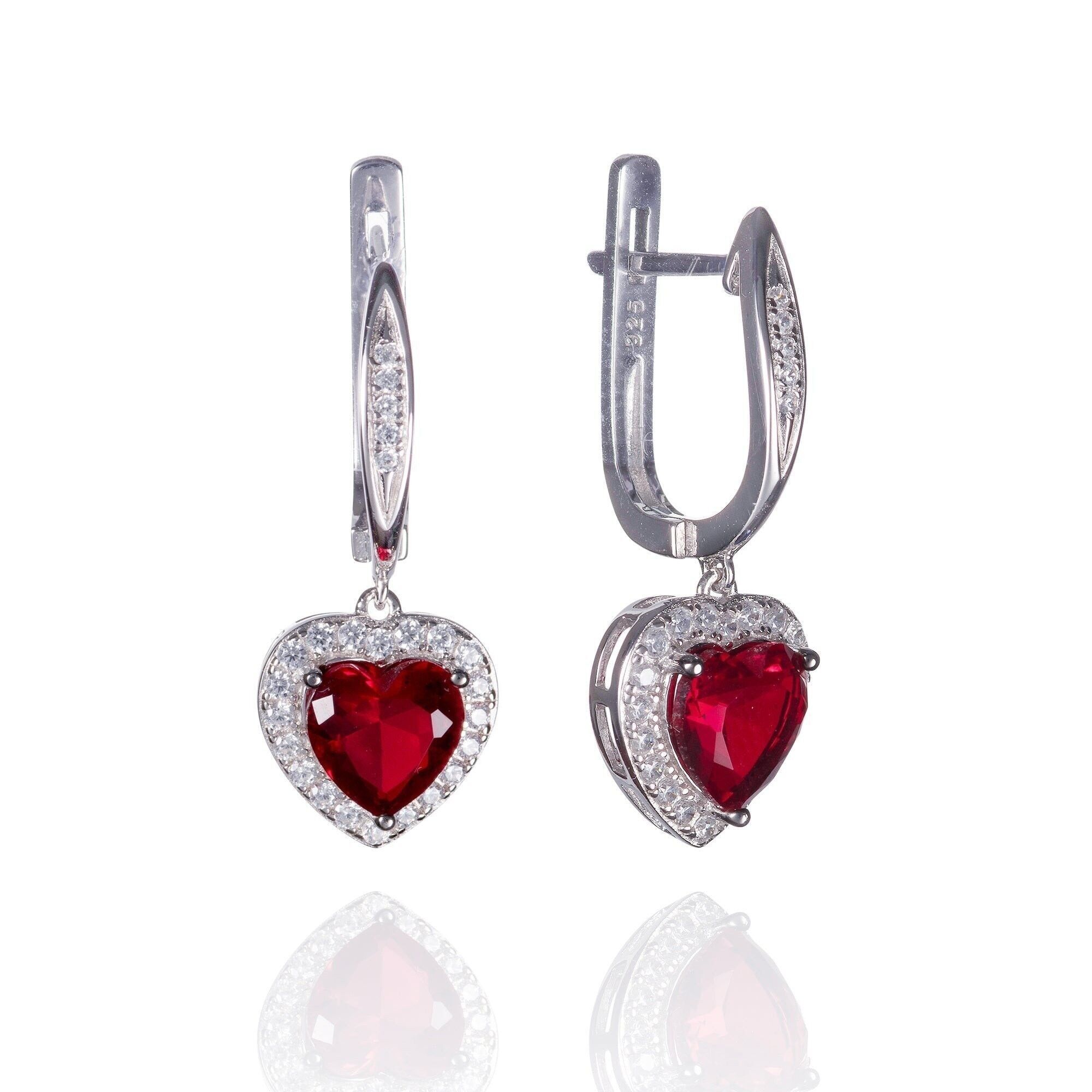 Orecchini a cuore da donna in argento sterling con pietre rosse e pietre preziose di zirconi