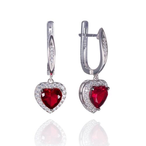 Sterling Silver Heart Earrings for Women With Red Stones and Cubic Zirconia Gemtones