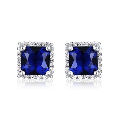 Boucles d'oreilles à tige halo bleu en forme de carré en argent sterling 925 pour femme