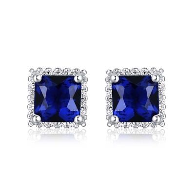 925 Sterling Silver Square Shaped Blue Halo Stud Earrings for Women
