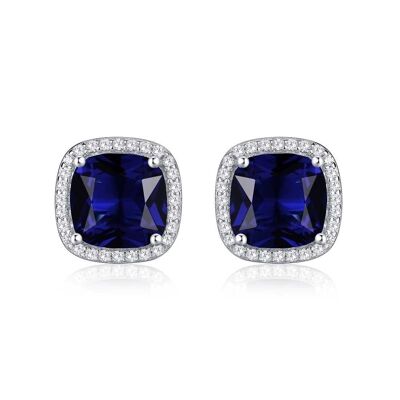 Boucles d'oreilles clous halo bleu en forme de coussin en argent sterling 925 pour femme