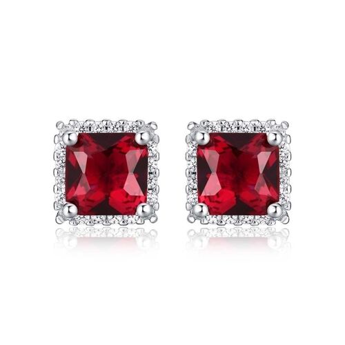 925 Sterling Silver Square Shaped Red Halo Stud Earrings for Women