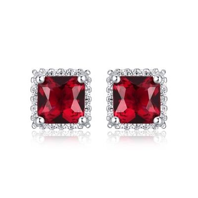 Boucles d'oreilles à tige halo rouge en forme de carré en argent sterling 925 pour femme