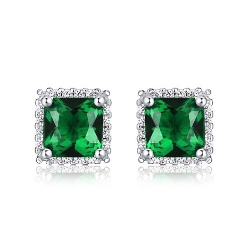925 Sterling Silver Square Shaped Green Halo Stud Earrings for Women