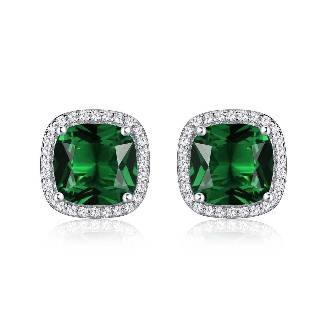 925 Sterling Silver Cushion Shaped Green Halo Stud Earrings for Women