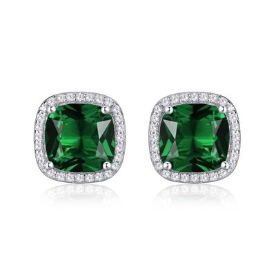 925 Sterling Silver Cushion Shaped Green Halo Stud Earrings for Women