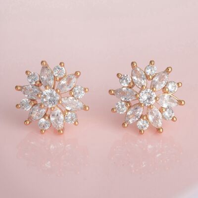 Large Gold Cubic Zirconia Flower Stud Earrings for Women