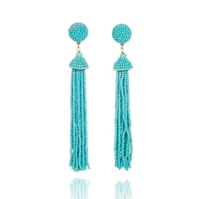 Long Turquoise Blue Beaded Tassel Earrings for Women