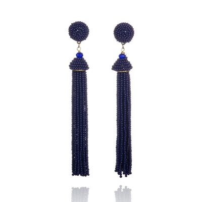 Long Blue Beaded Tassel Earrings for Women