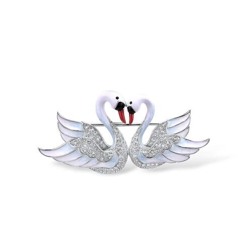 Sterling Silver Brooch for Women with Swan Couple