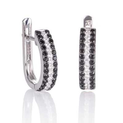 Sterling Silver Hoop Earrings for Women with Black Stones
