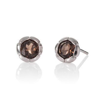 Boucles d'oreilles rondes en argent sterling 925 avec pierres précieuses de quartz fumé