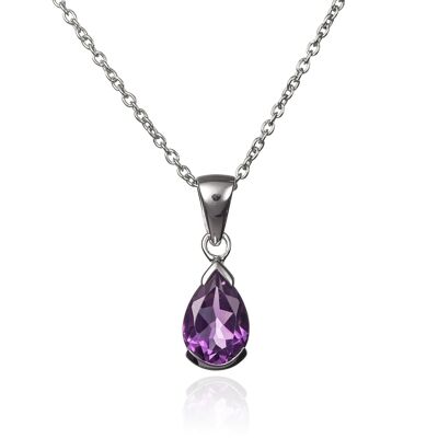 925 Sterling Silver Pear Shaped Amethyst Pendant Necklace