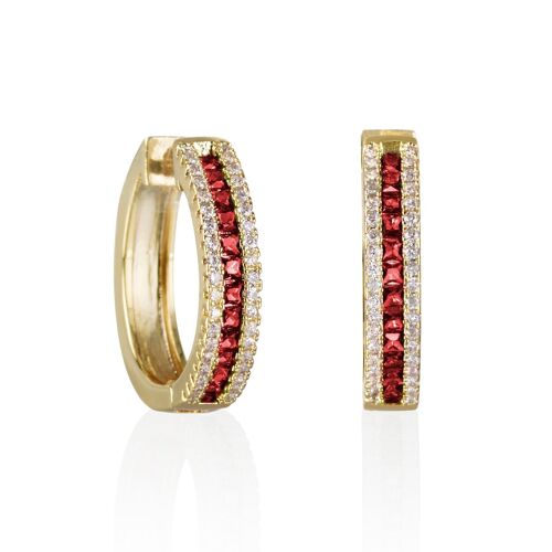 Gold Hoop Earrings with Red Cubic Zirconia Stones