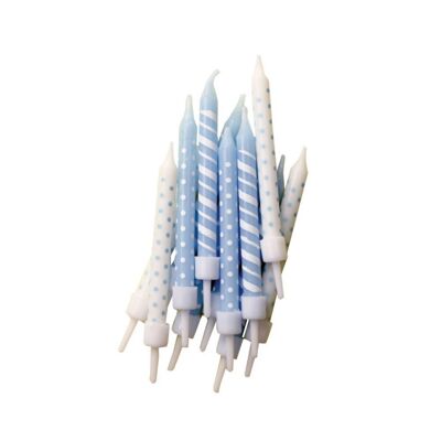 Velas de rayas de lunares y bastones de caramelo azul claro y blanco con soportes