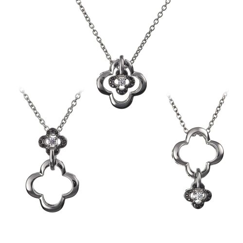 Sterling Silver Multi Wear Black and White Clover Pendant Necklace
