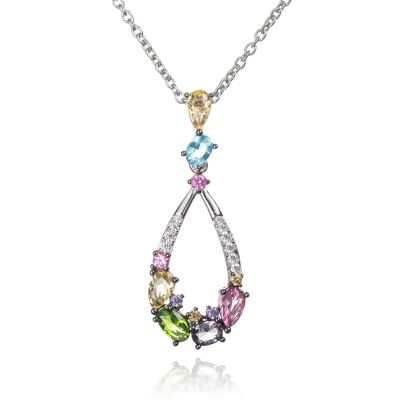 Sterling Silver Colourful Pendant Necklace for Women with Multicoloured Stones and Cubic Zirconia Gemstones
