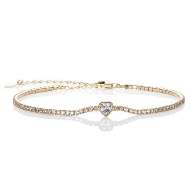 Gold Plated Skinny Tennis Bracelet with a Heart Shaped Stone